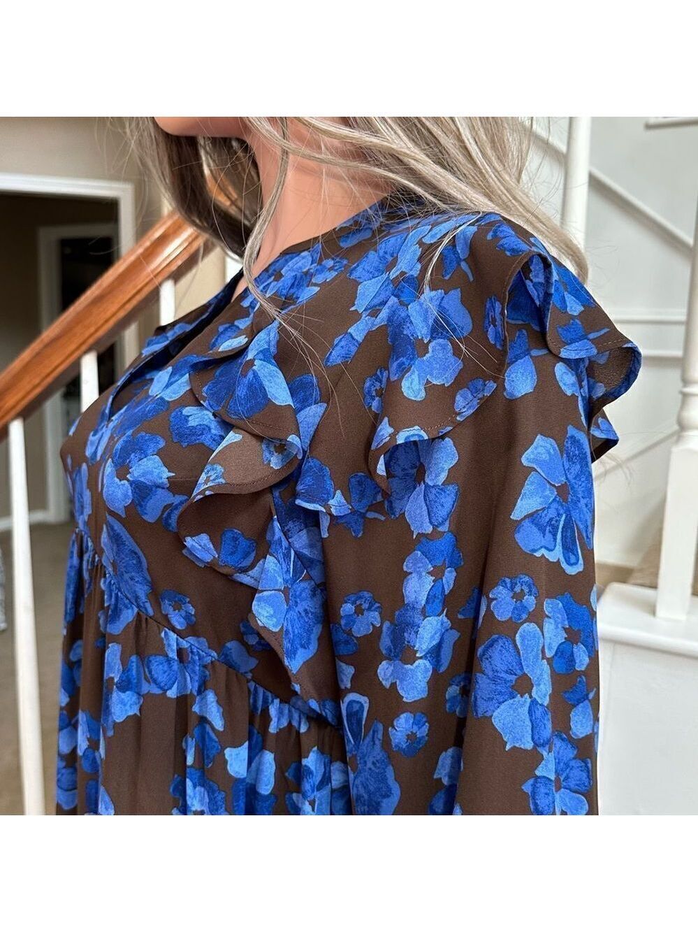 Adorable brown blue floral peasant midi dress - Picture 6 of 12